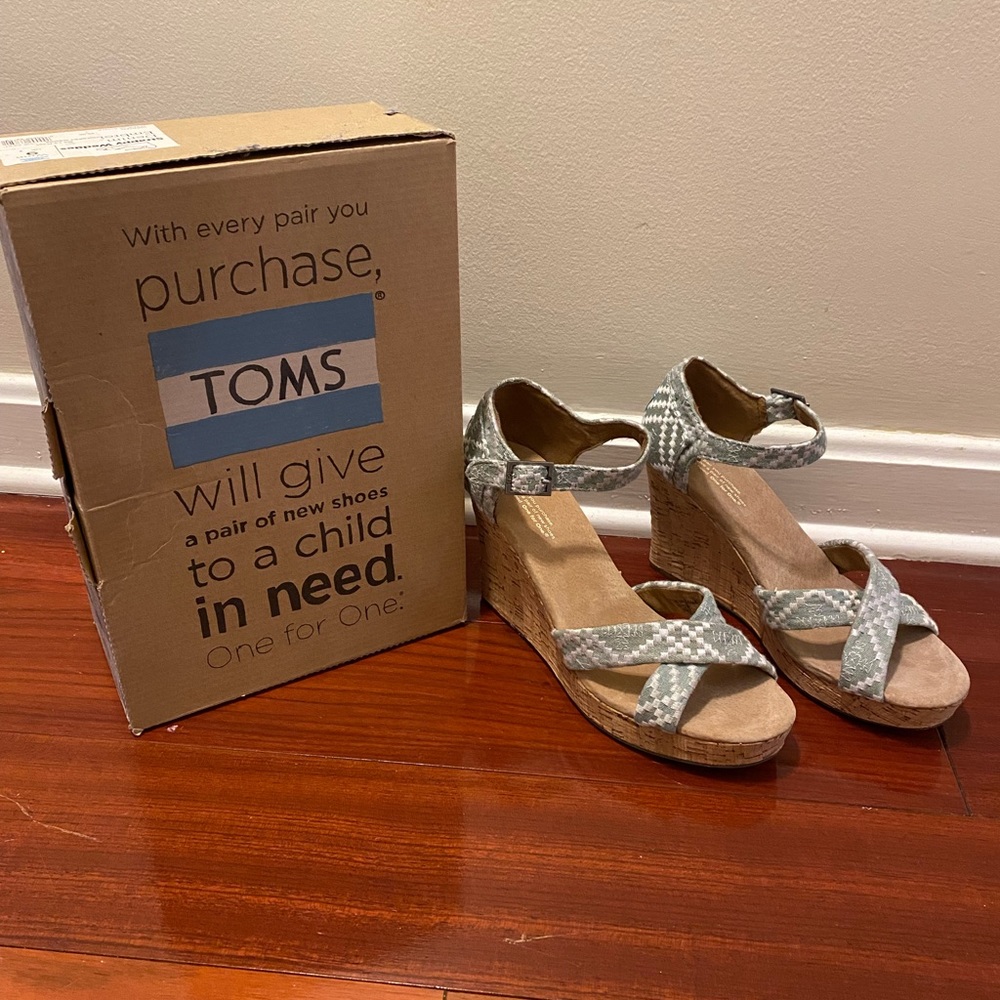 Toms Denim Embroidered Strappy Wedges